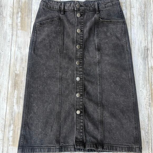 Old Navy Denim Skirt Sz 6 Black Midi Button Down Faded Y2K Casual Skater Punk - Picture 1 of 8